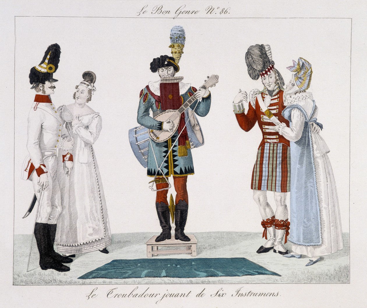 Saltimbanks: Trubaduuri, joka soittaa kuutta soitinta - "" Le bon -genressä", deb. 1800-luvulla tekijältä Unknown artist