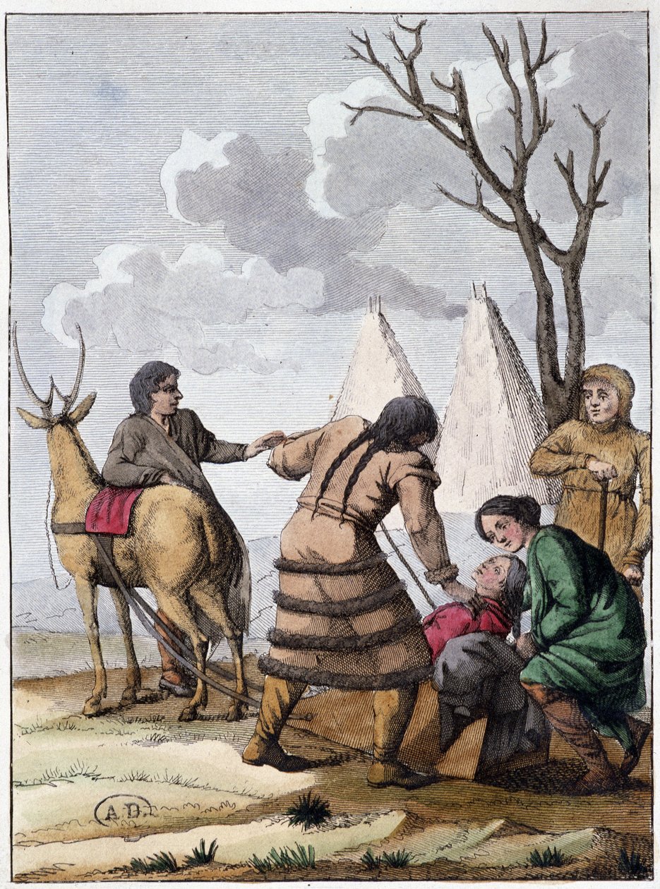 Samojedi-avioliitto (mongolialaista alkuperää olevat nomadit), deb. 1800-luvulla tekijältä Unknown artist