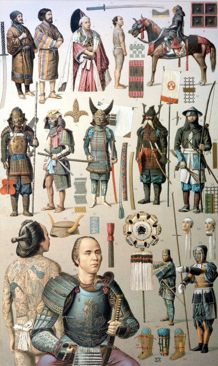 Samurai-asuja, aseita ja panssareita. 1800-luvulla. tekijältä Unknown artist