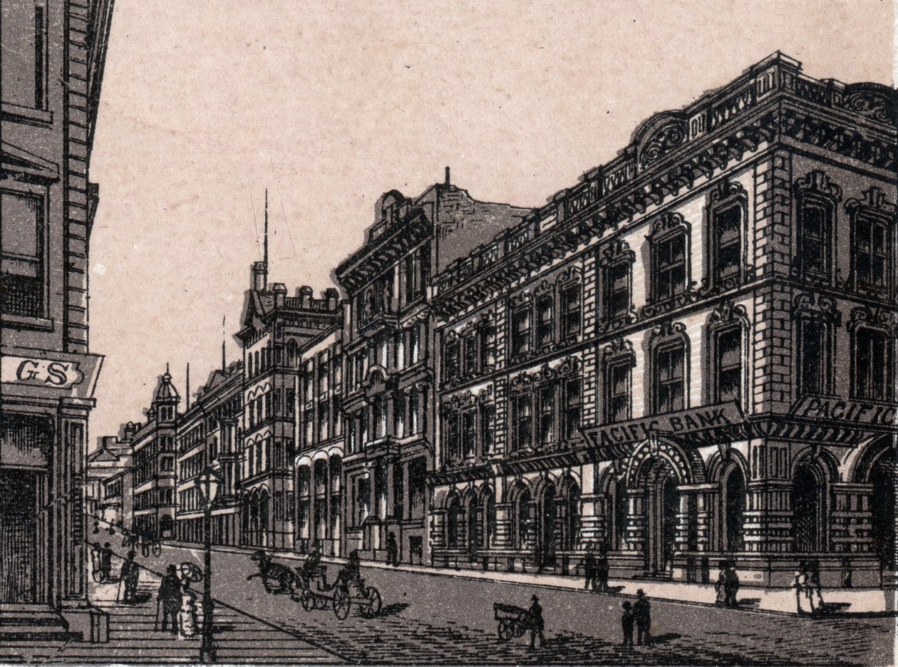 San Francisco, Yhdysvallat: Näkymä Pine Streetille. kirjassa "" Maailma havainnollistaa 168 näkymää"" Päiväämätön (1800-luvun loppu) tekijältä Unknown artist
