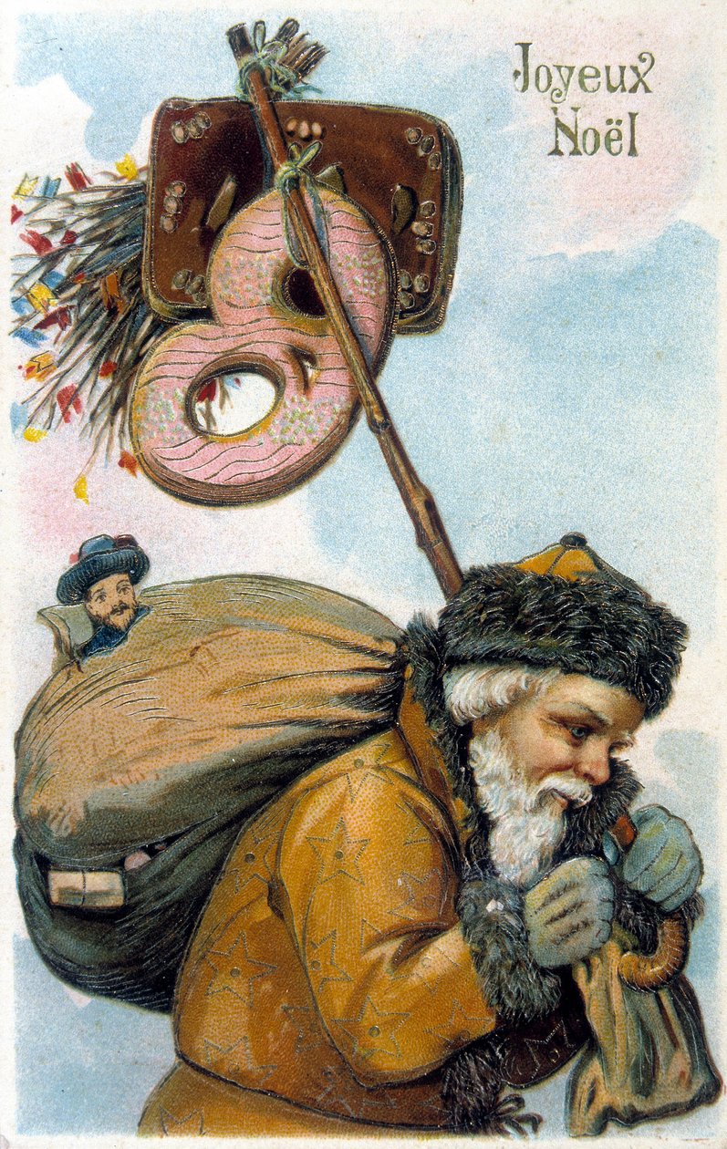 Joulupukki yllään lahjoja selässään. tekijältä Unknown artist