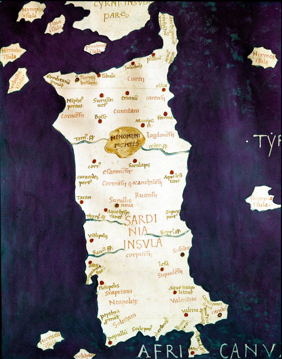 Sardinia (Sardegna). Yksityiskohta maantieteellisestä kartasta, joka liittyy Claude Ptomeleen (2. vuosisadan jKr.) "Cosmographiaan" (Maantiede), 1400-luvun lopulla Napoli, Biblioteca dei Gerolamini tekijältä Unknown artist