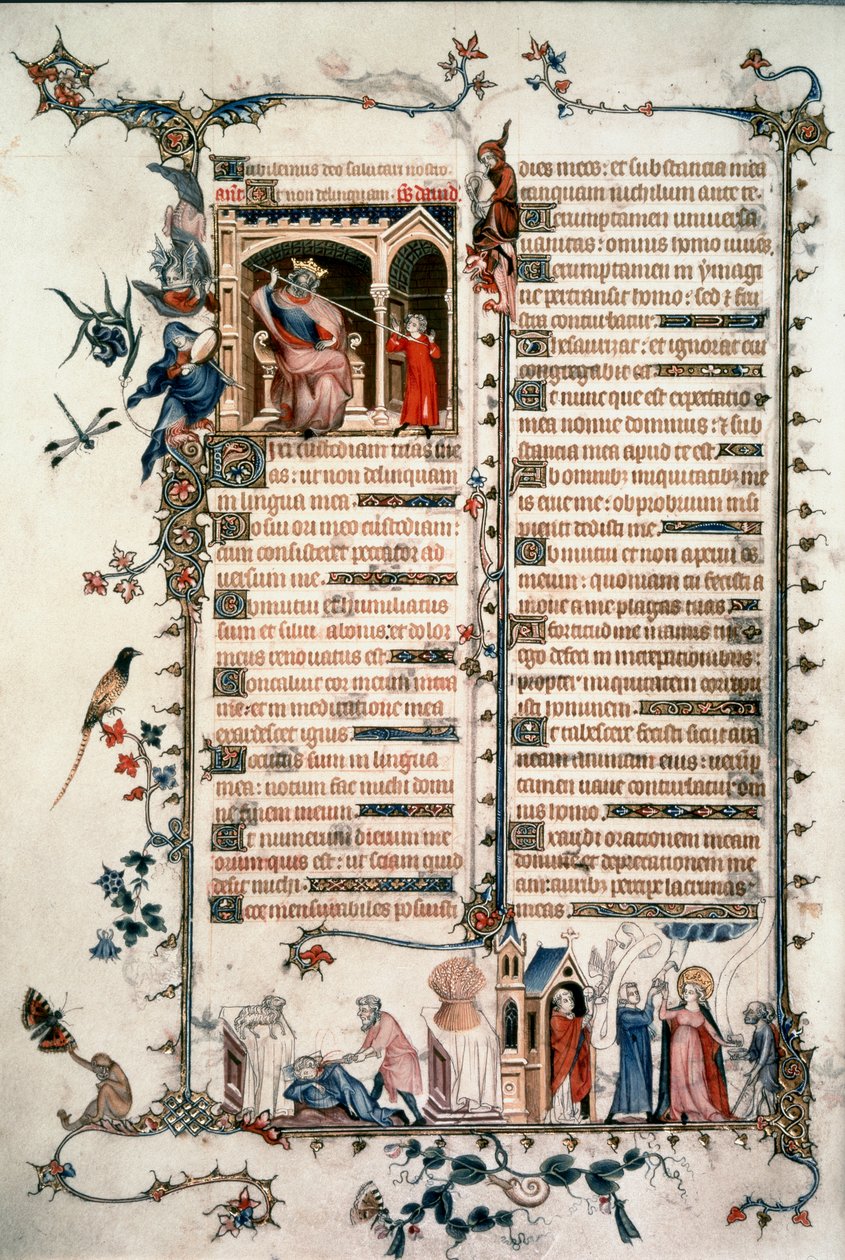 Saul uhkailee Daavidia, Kain tappaa Abelin, Eukaristian ja rakkauden vertaukset. Bellevillen breviaari. 1323-1326. neiti Lat. 10483 fol.24v. - Jean Maid. Bellevillen breviaari tekijältä Unknown artist