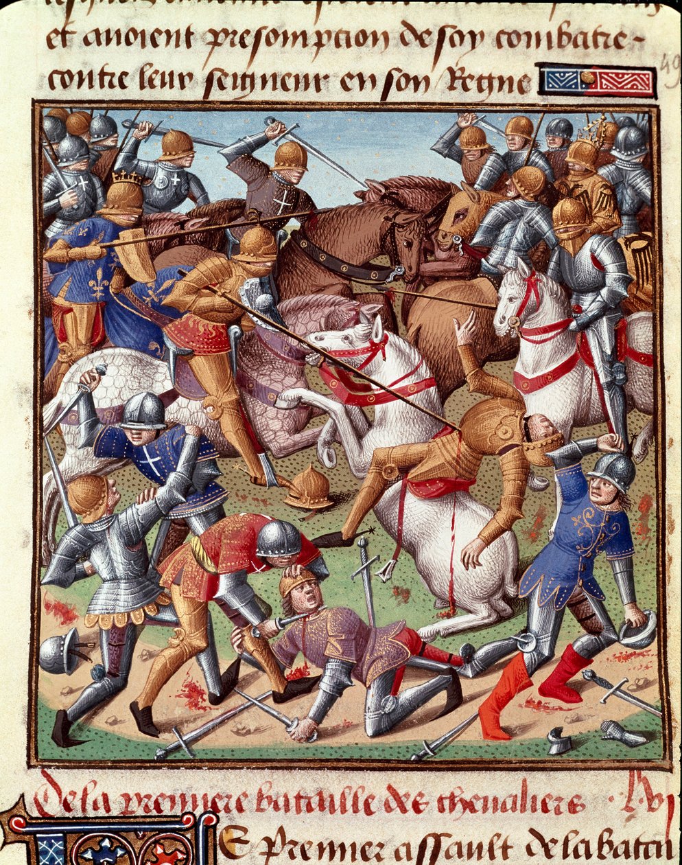 Scene de bataille Miniatyyri teoksessa "Le miroir historial" (Speculum Historiale) (ms. 1196 fol. 408 r.), kirjoittanut Vincent de Beauvais (1190-1264), jonka on kääntänyt ranskaksi Jean de Vignay tekijältä Unknown artist
