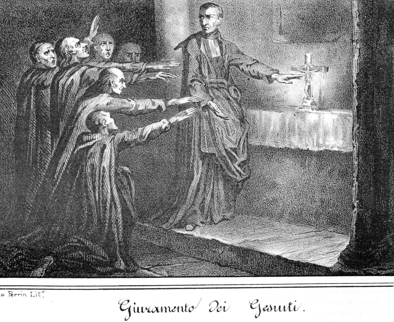 Kohtaus, jossa jesuiitit vannovat valaa. Kaiverrus 1800-luvun lopulta. tekijältä Unknown artist