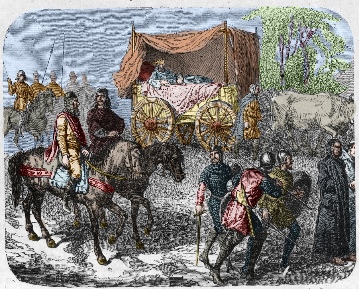 Laiskoja kuninkaita kuvaava kohtaus: Ranskan kuningas Thierry III (673-691) kantaa härkien vetämässä säiliössä. tekijältä Unknown artist