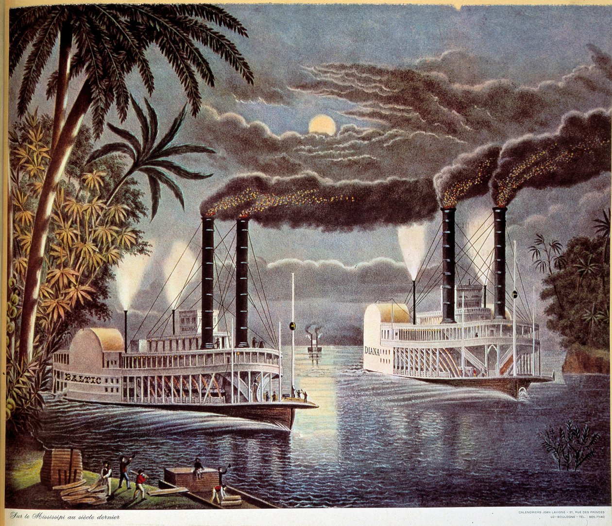 Kohtaus veneen navigoinnista Mississippi-joella Yhdysvalloissa. 1800-luvulla. Pariisi, koristetaide tekijältä Unknown artist