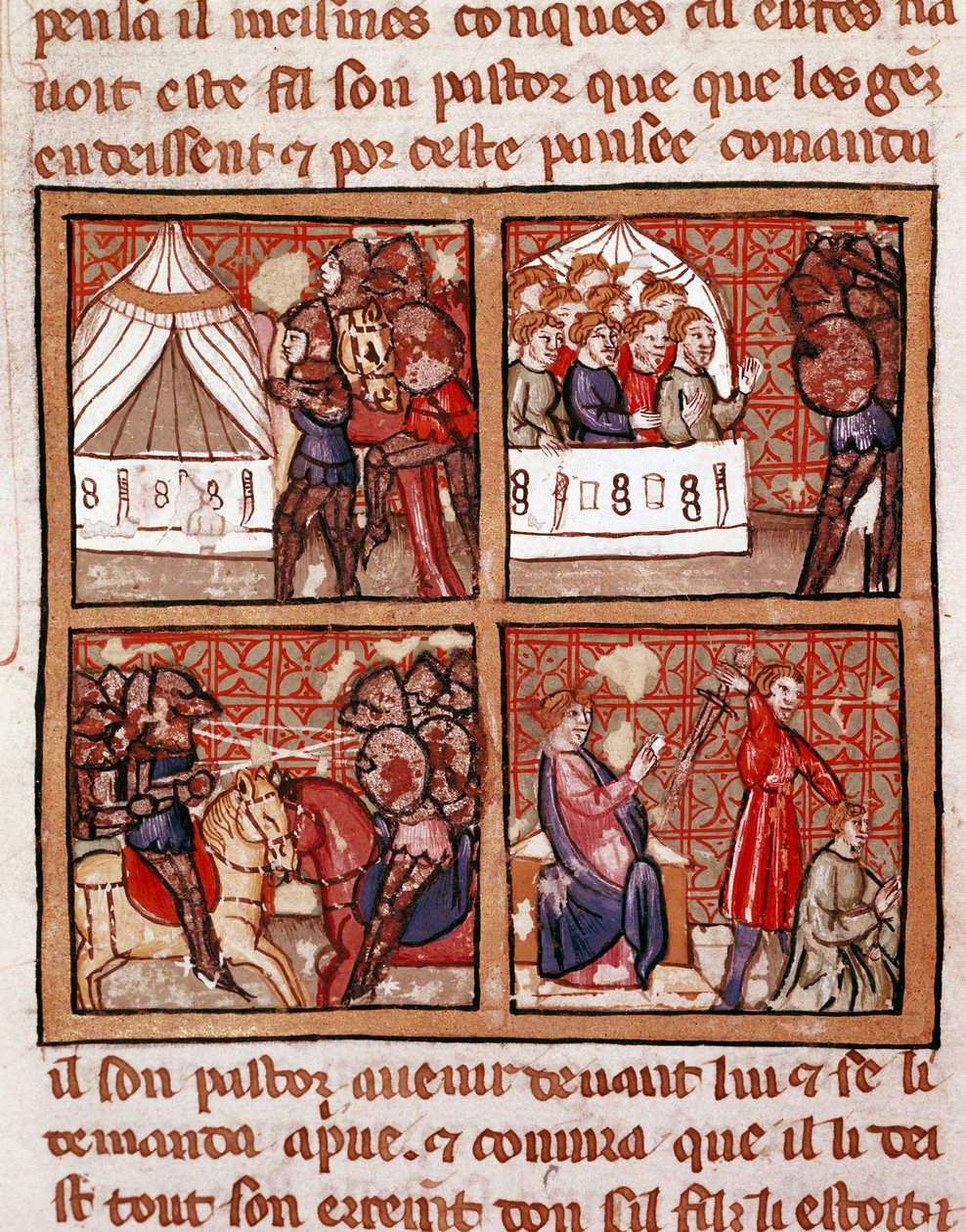 Kohtaus kahden vihollisleirin välisestä yhteenotosta, teloitus oikeassa alakulmassa. Sivu 1300-luvun käsikirjoituksesta Biblioteca Marciana Venice tekijältä Unknown artist