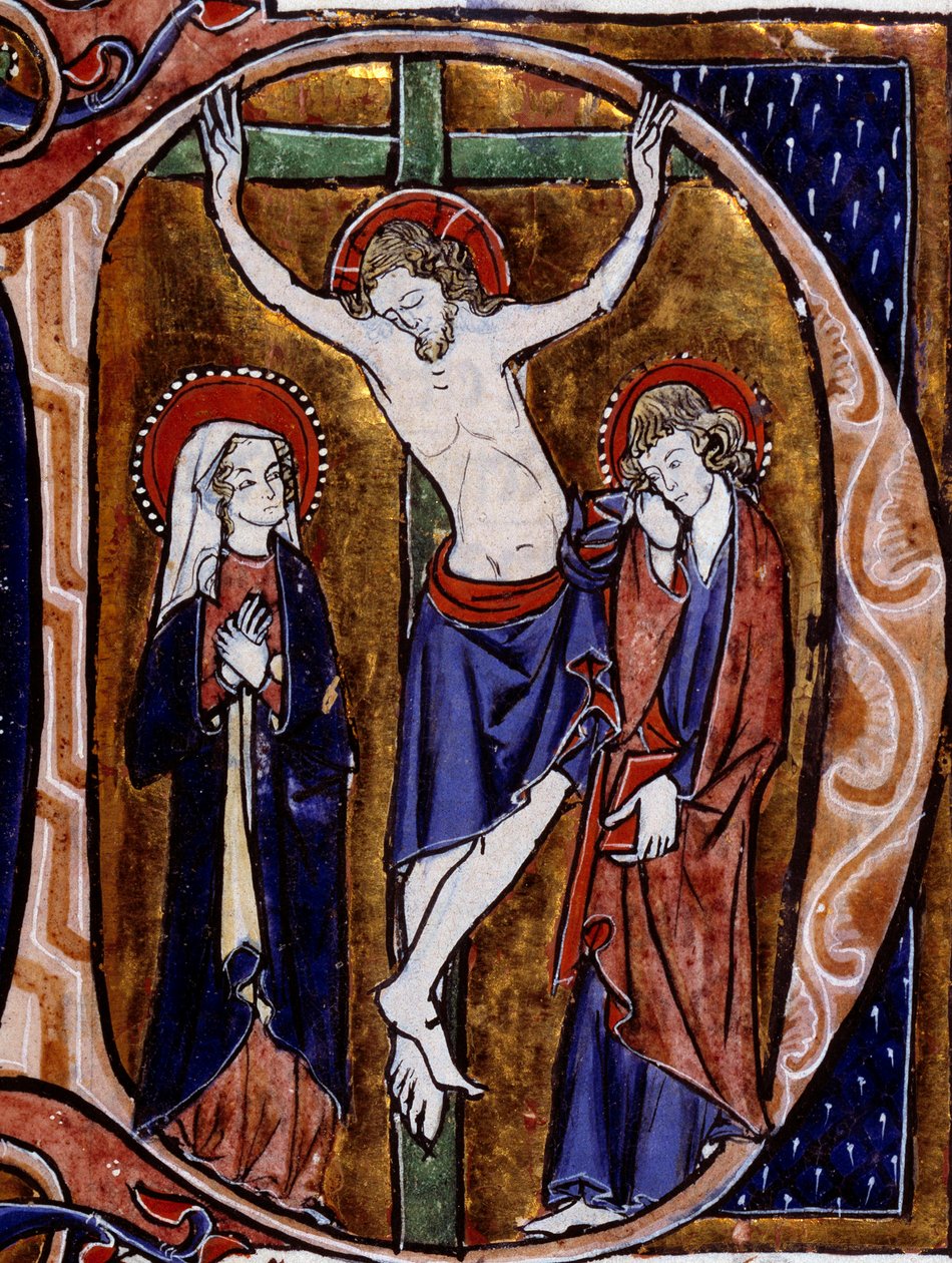 Ristiinnaulitsemiskohtaus kirjelomakkeessa (D-kirjain). Pienoiskuva Vincent De Beauvaisin "" Speculum historiale" -kirjassa (1100-luku) tekijältä Unknown artist