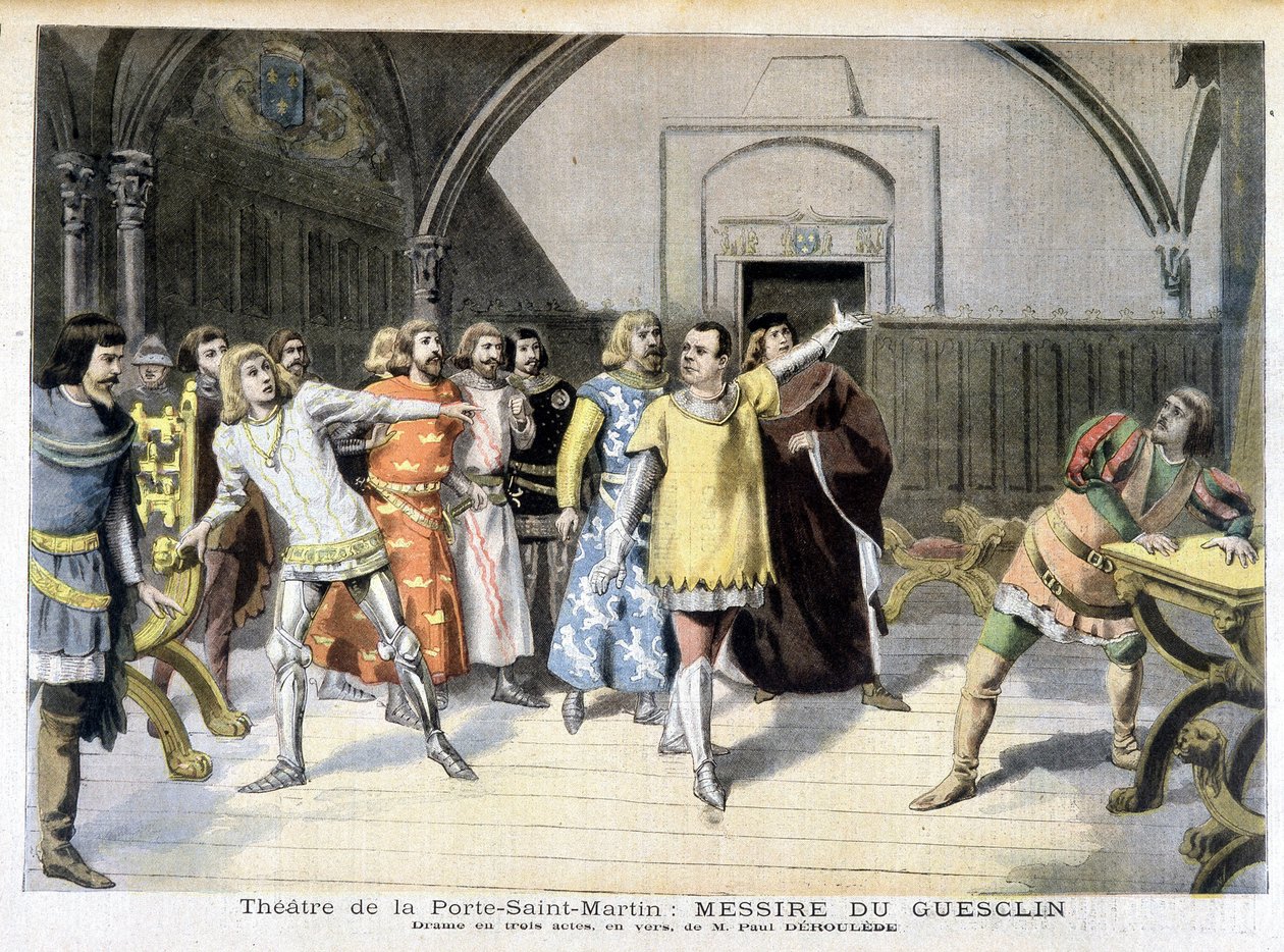 Kohtaus näytelmästä "" Messire Du Guesclin", Paul Déleèden draama, jota esitetään Porte Saint Martinin teatterissa. Le petit Journalissa, 3.11.1895. tekijältä Unknown artist