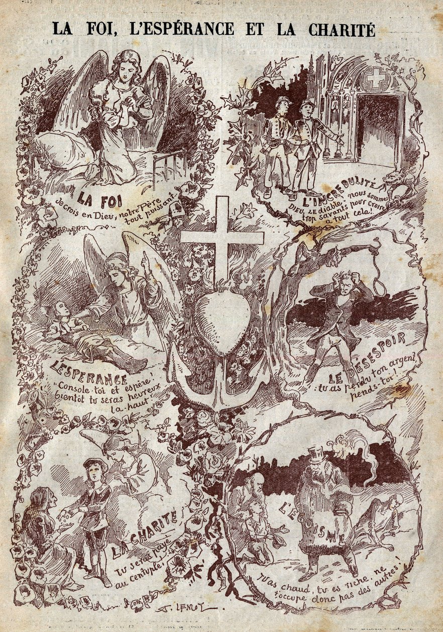 Kohtaukset, jotka kuvaavat uskoa, toivoa, rakkautta ja niiden vastakohtaa, uskottomuus, epätoivo ja egoismi. Kuvitus "" Le Pelerin" -lehdessä 27. maaliskuuta tekijältä Unknown artist