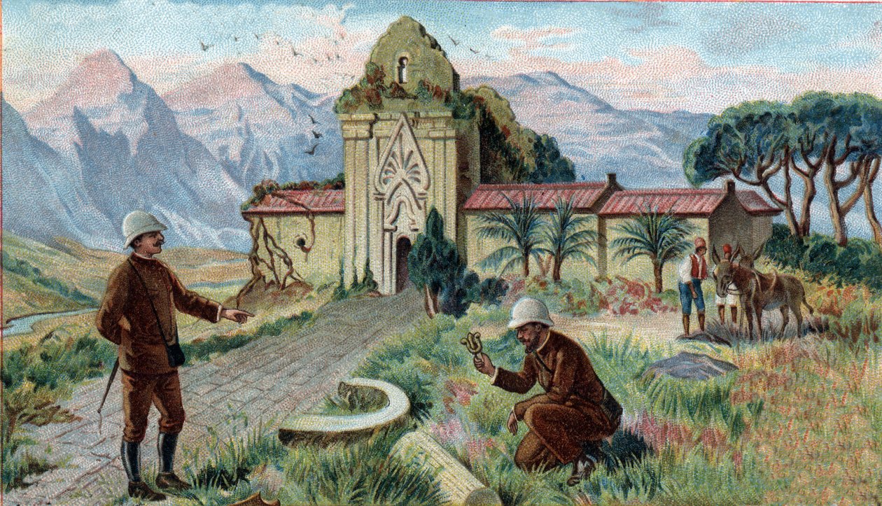 Scenes of Missing Kingdoms: Temppeli Kambodžan Qui-Nhonin maakunnan vuoristossa. 1800-luvun kromolitografia. tekijältä Unknown artist