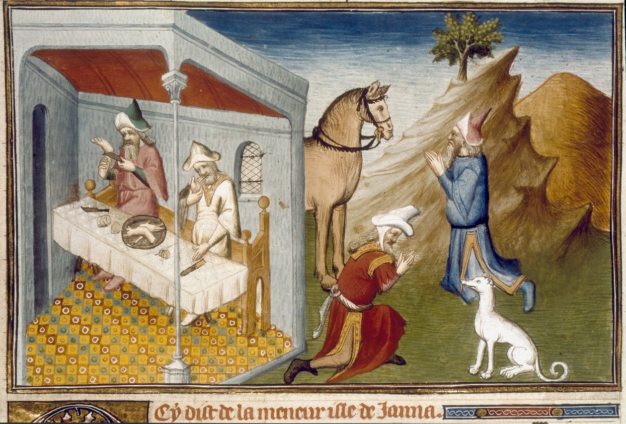 Antropofagian ja epäjumalanpalveluksen kohtaukset Sumatran pienoismallissa Marco Polosta (1254-1324) tekijältä Unknown artist