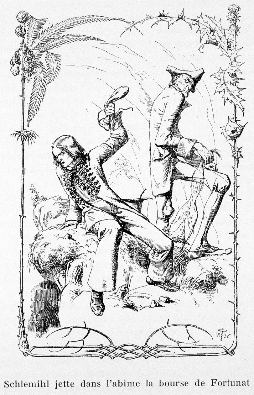 Schlemihl heittää Fortunatin kukkaron kuiluun - Aldebert Von Chamisson "Pierre Schlemihlin ihana tarina" tekijältä Unknown artist