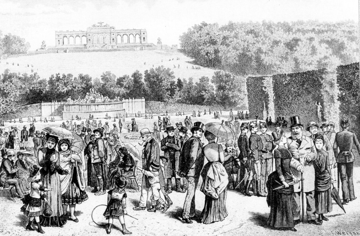 Schonbrunnin puisto, palatsien ja puutarhojen kompleksi, joka sijaitsee lähellä Wieniä, oli Habsburgien perheen kesäasunto 1700-luvulta lähtien. 1800-luvun litografia. tekijältä Unknown artist