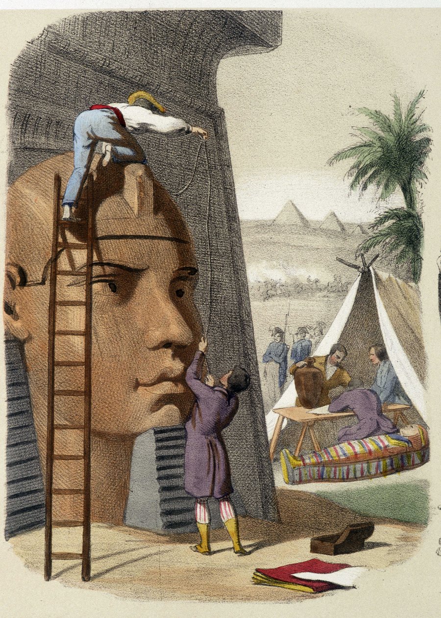 Egyptin tieteellinen komissio (Jean Francois (Jean-Francois) Champollionin lähetystö). Kaiverrus 1800-luvulta. tekijältä Unknown artist
