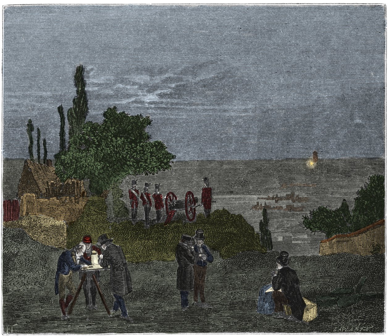 Tieteellinen kokeilu: Humboldtin, Louis-Joseph Gay-Lussacin (Louis Joseph Gay Lussacin), Bouvardin, Pronyn ja Mathieun laskema äänen nopeus, joka määrittää ajan, joka kuluu valon havaitsemisen ja laukauksen välillä, yönä tekijältä Unknown artist