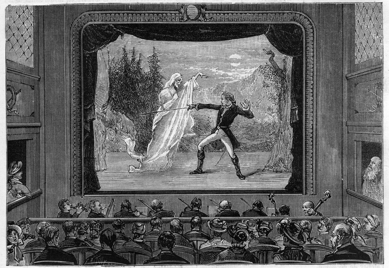 Tieteelliset esitykset: elävät spektrit. Koe spektrit teatterin näyttämöllä. Koomikko taistelee haamua vastaan. Kaiverrus "" La Nature"" tekijältä Unknown artist