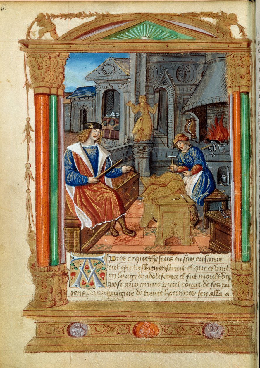Veistos: Mestari hallitsee oppipoikansa työtä, veistämällä kotkaa. Miniatyyri teoksesta "" Roman de Theseus de Cologne et de Godifer"" 1500-luvun Pariisi, B.N. tekijältä Unknown artist