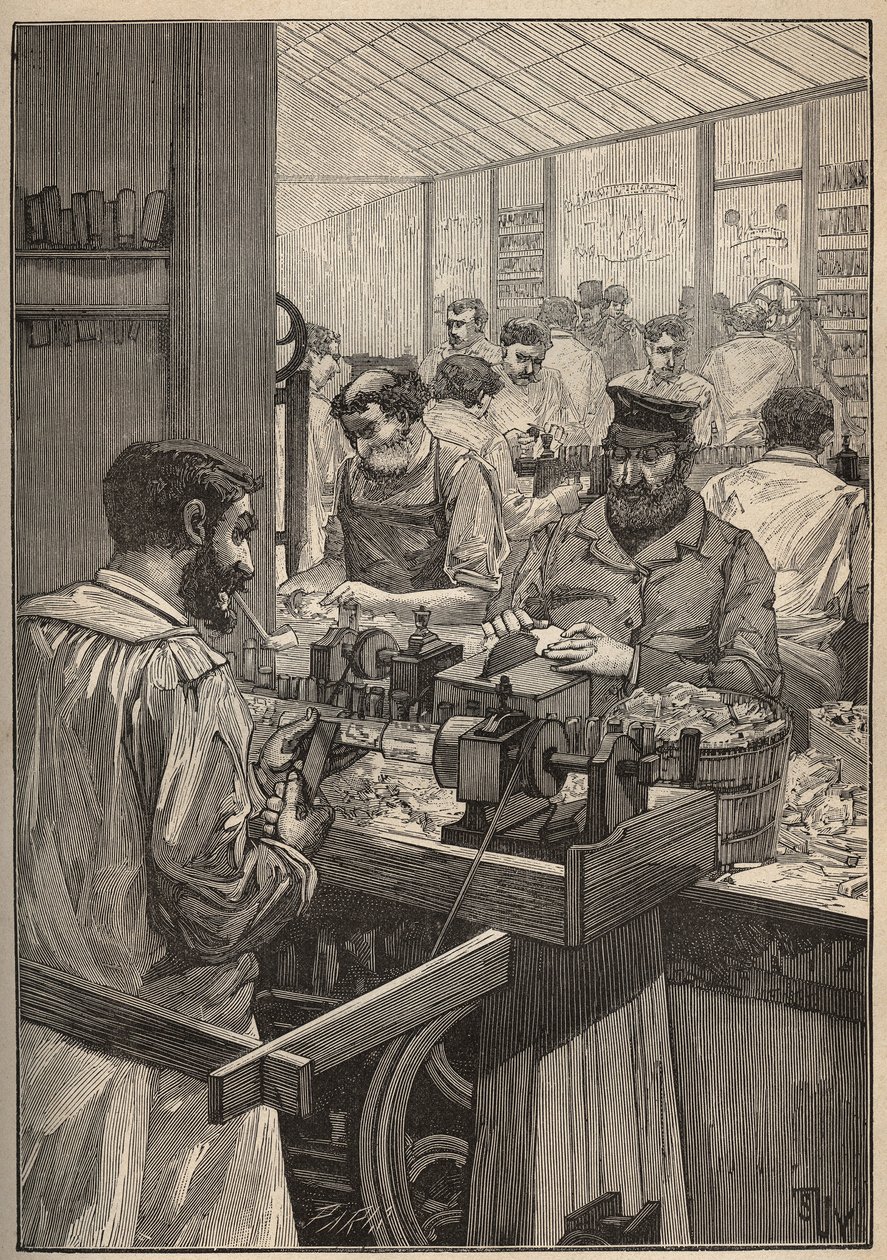 Meripaljetti: meripalettiputkien valmistus. Kaiverrus vuodelta 1885 kirjassa "Les arts et metiers illustres", kirjoittanut Adolphe BITARD. tekijältä Unknown artist