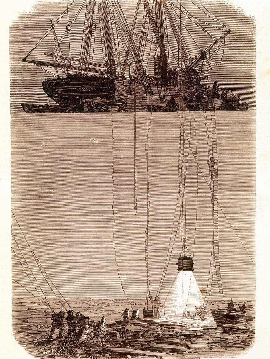 Etsi Vigon lahdella vuonna 1702 haaksirikkoutuneita espanjalaisia galleoneja. Sivu otettu "" Emporio Picturescosta"" 1871 tekijältä Unknown artist