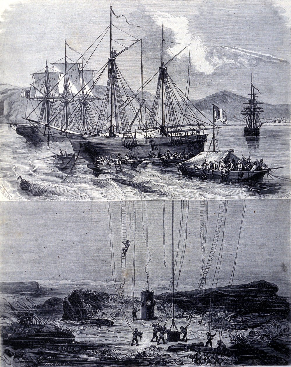 Etsi espanjalaisten galleonien hylkyjä Vigon lahdella vuonna 1702. 1800-luku tekijältä Unknown artist