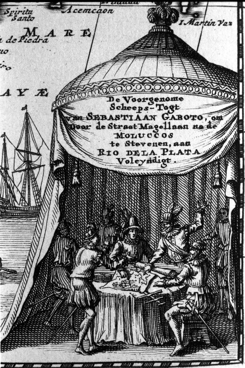 Sebastiano Caboto (Sebastien Cabot) edustaa navigointikartan patruunaa muiden navigaattoreiden kanssa. 1700-luvun alku. tekijältä Unknown artist