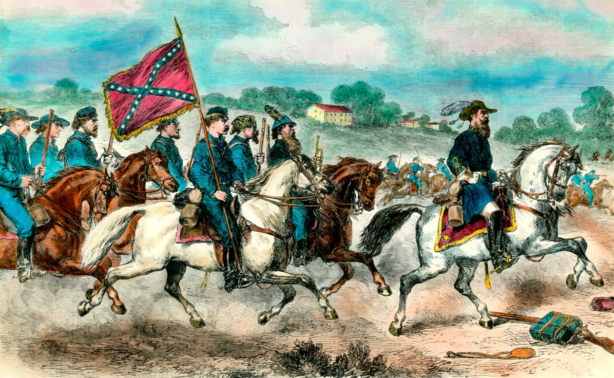 Erottelusota: "" Kenraali Stuart Konfederaation ratsuväen kanssa vuonna 1862"" Kaiverrus 1800-luvun yksityisestä kokoelmasta tekijältä Unknown artist
