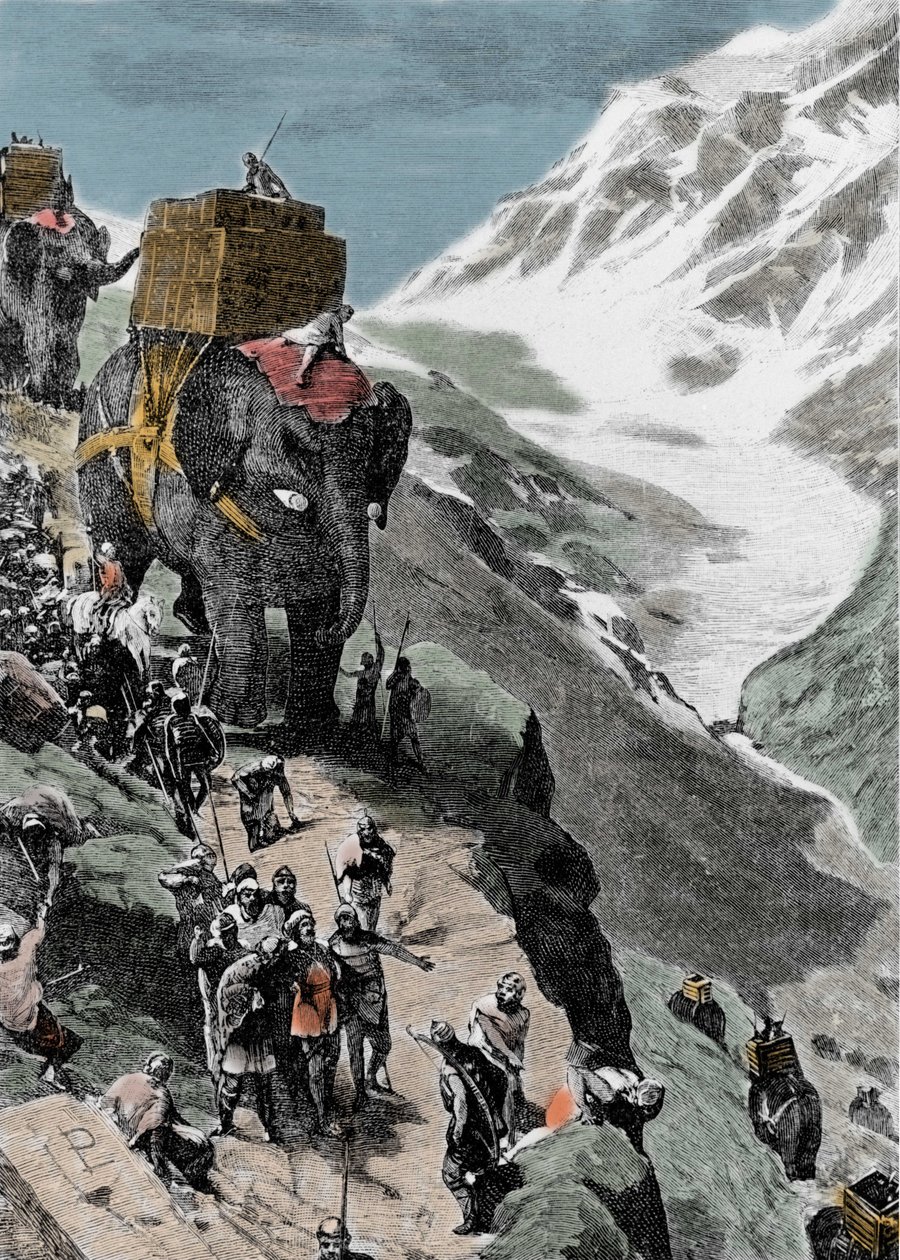 Toinen puunilaissota. Hannibal Barcan armeija ylitti Alpit, 218 eaa. Italialainen kaiverrus 1800-luvulta. tekijältä Unknown artist