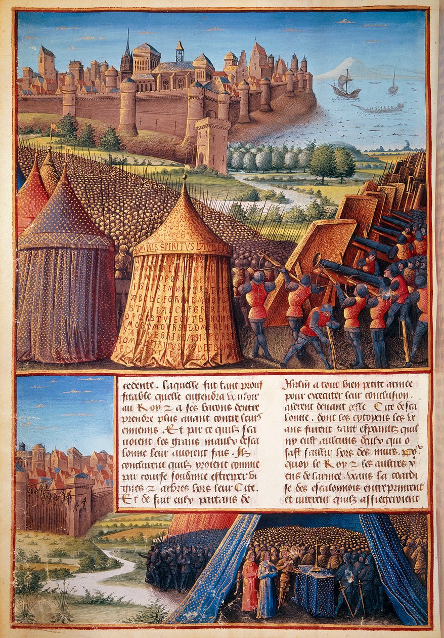 Toinen ristiretki: näkymä Baldwin III:n (1131-1162) Ascalonin piiritykseen vuonna 1153. Pikkukuva otettu Sebastien Mamerotin artikkelista "Ranskan Outremerin tekemät kohdat turkkilaisia ​​ja muita saraseeneja ja moures-outremarineja vastaan" tekijältä Unknown artist