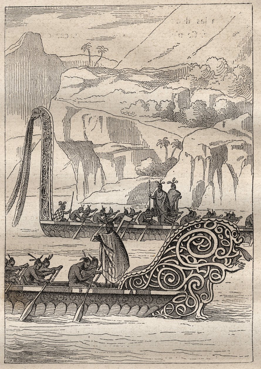 Kapteeni James Cookin (1728-1779) toinen matka (1772-1775): Uusseelantilaiset sotakanootit (Neo Zelandaises) - kuva otettu teoksesta "" 1700-luvun suuret merenkulkijat"" tekijältä Unknown artist