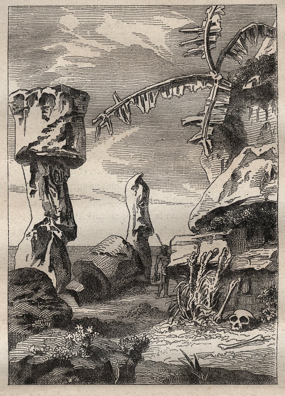 Kapteeni James Cookin (1728-1779) toinen matka (1772-1775): Pääsiäissaaren monumentit (monumentaaliset patsaat, moai) - kuva otettu teoksesta "" 1700-luvun suuret merenkulkijat"" tekijältä Unknown artist
