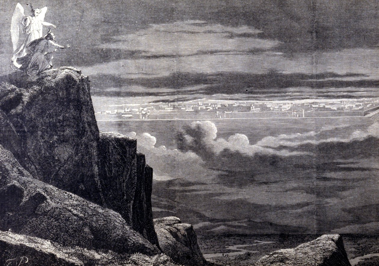 Taivaallisen Jerusalemin nähty; kuva maallisesta Jerusalemista viimeisen tuomion jälkeen, se laskeutuu taivaasta asettuakseen maan päälle. Kaiverrus 1800-luvulta. tekijältä Unknown artist