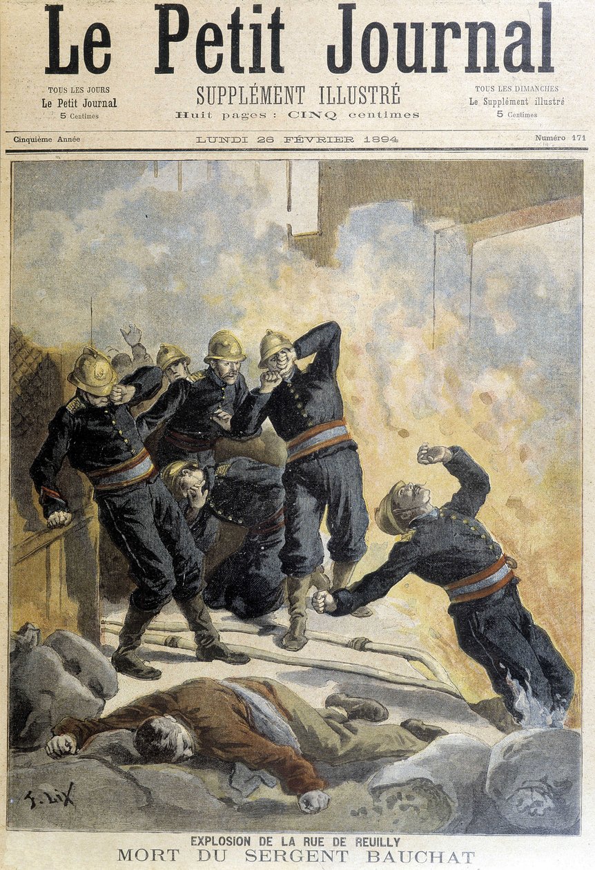 Kersantti Bauchat kuoli palomiesten aikana rue de Reuillyn räjähdyksen jälkeen. Kuva "Pikku päiväkirjasta" vuodelta 1894. tekijältä Unknown artist