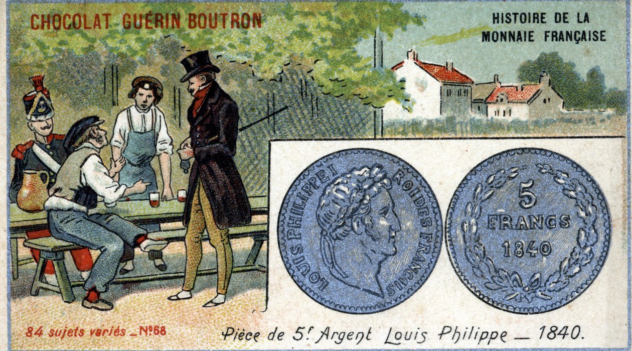 Sarja Ranskan valuutan historia, julkaisija Chocolat Guérin Boutron. 1800-luvun kromolitografia. 5 frangin hopearaha. Louis Philippe 1. vuonna 1840 tekijältä Unknown artist