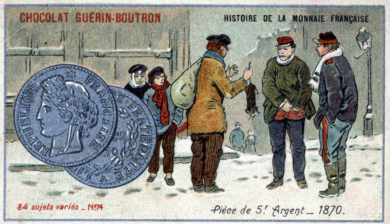 Sarja Ranskan valuutan historia, julkaisija Chocolat Guérin Boutron. 1800-luvun kromolitografia. 5 frangin hopearaha vuonna 1870 tekijältä Unknown artist