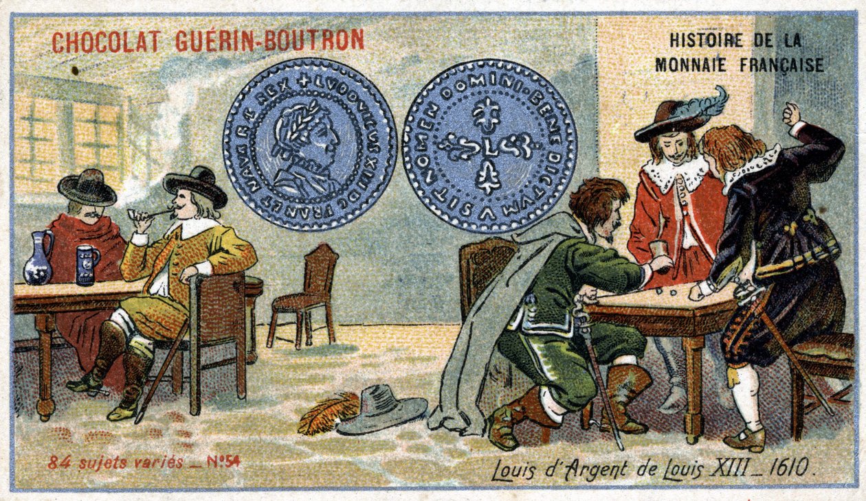 Sarja Ranskan valuutan historia, julkaisija Chocolat Guérin Boutron. 1800-luvun kromolitografia. Louis XIII hopea Louis vuonna 1610 tekijältä Unknown artist