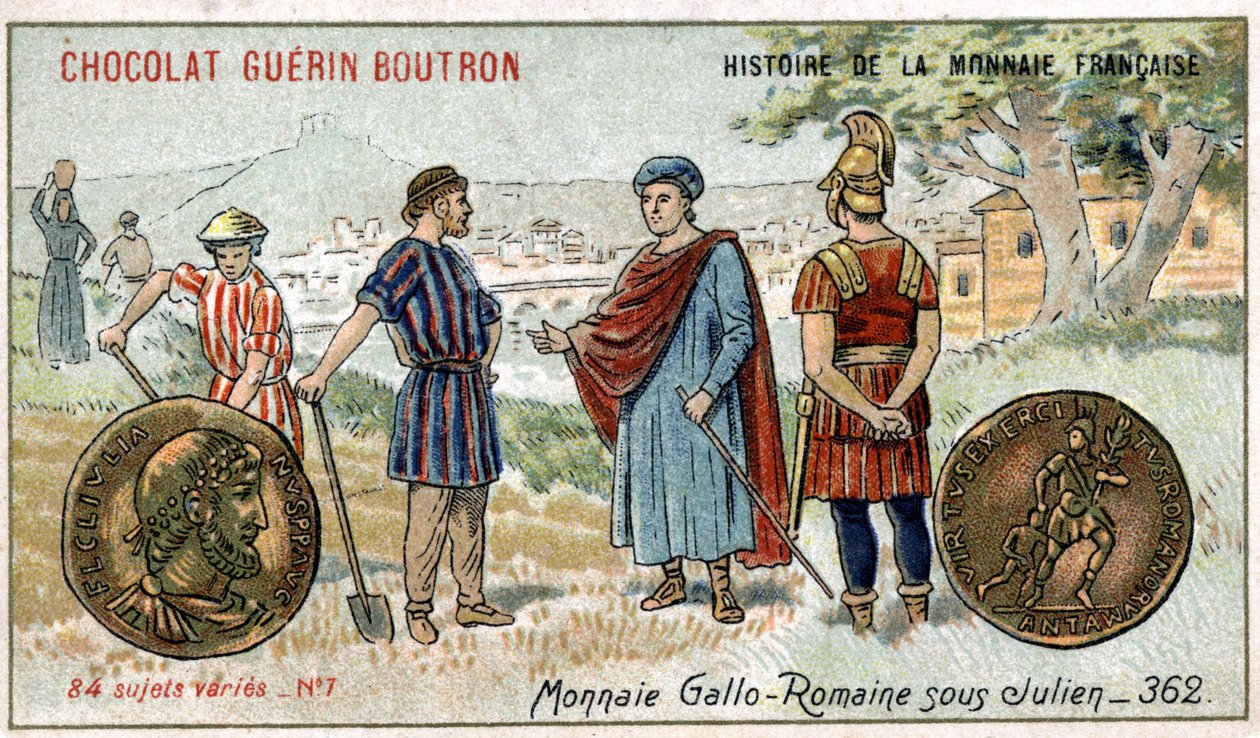 Sarja Ranskan valuutan historia, julkaisija Chocolat Guérin Boutron. 1800-luvun kromolitografia. Gallo roomalaiset kolikot Julienin alla tekijältä Unknown artist