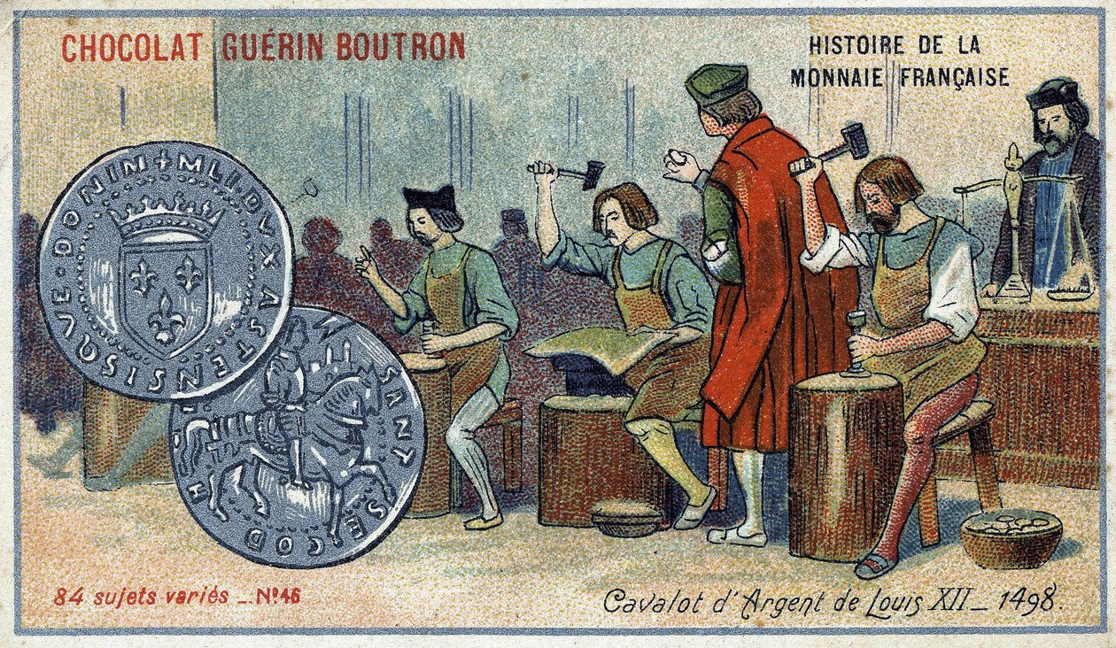 Sarja Ranskan valuutan historia, julkaisija Chocolat Guérin Boutron. 1800-luvun kromolitografia. Ludvig XII:n hopeinen kavalot. 1498 tekijältä Unknown artist