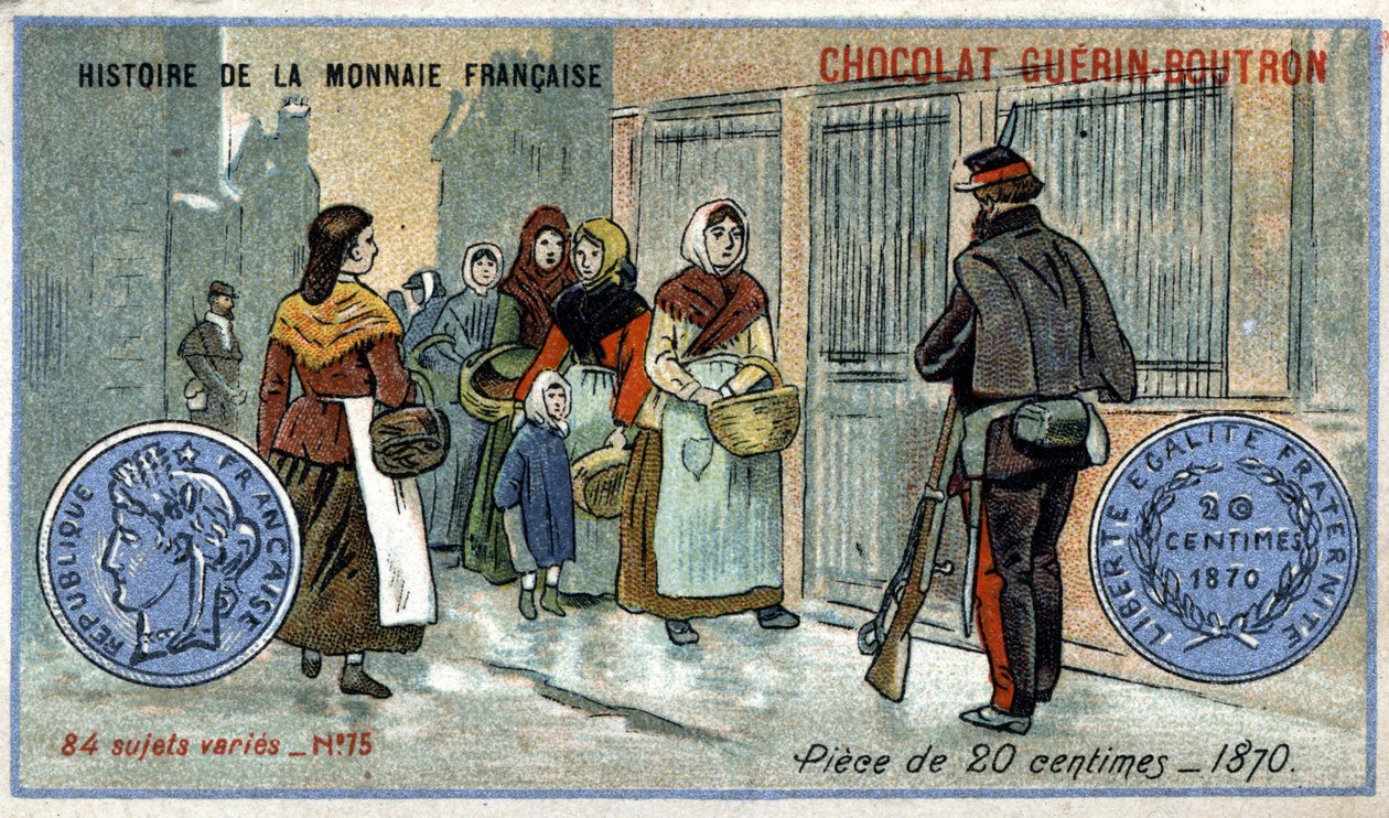 Sarja Ranskan valuutan historia, julkaisija Chocolat Guérin Boutron. 1800-luvun kromolitografia. 20 sentin kolikko vuonna 1870 tekijältä Unknown artist