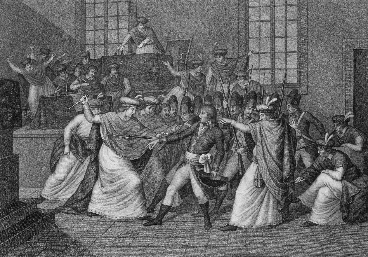 Lainsäädäntöelimen istunto orangerie de Saint Cloudissa: Bonaparte esittelee itsensä viiden sentin (5 senttiä) neuvoston kokouksessa (500:n huone) ja hajotti sen 19. brumaire-vuonna VIII 18. vuoden vallankaappauksen aikana. brumaire. tekijältä Unknown artist