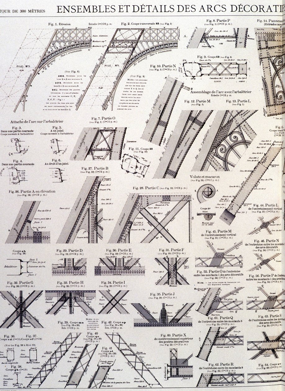 Eiffel-tornin koristekaarien sarjat ja yksityiskohdat - teollinen muotoilu tekijältä Unknown artist