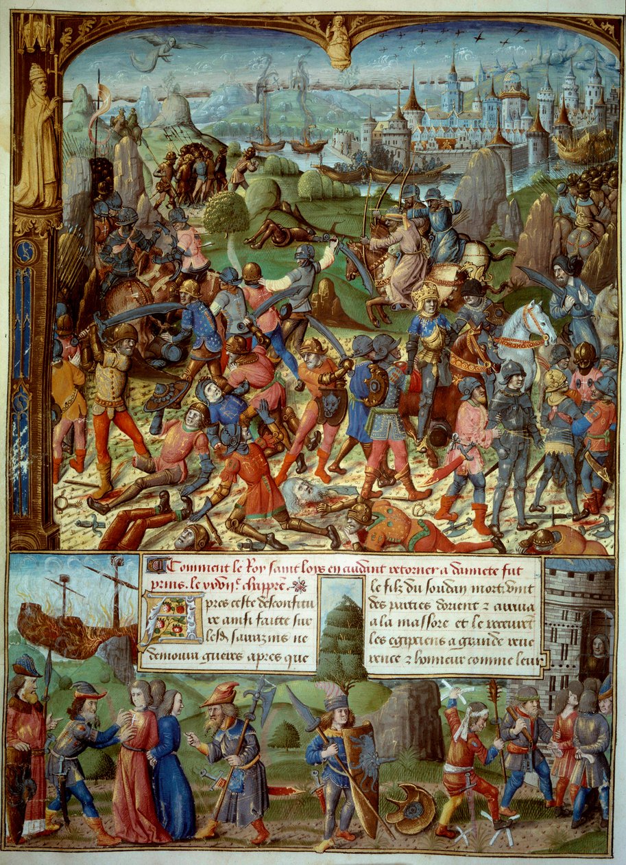 Seitsemäs ristiretki (1248-1254). Päällä Louis IX (Saint Louis) (1215-1270), Ranskan kuningas, risteyksillä sen jälkeen, kun saraseenit voittivat hänet Mansourahissa vuonna 1250. He vetäytyivät Damaskoksen tornien taakse. Ludvig IX ja hänen kaksi veljeään  tekijältä Unknown artist