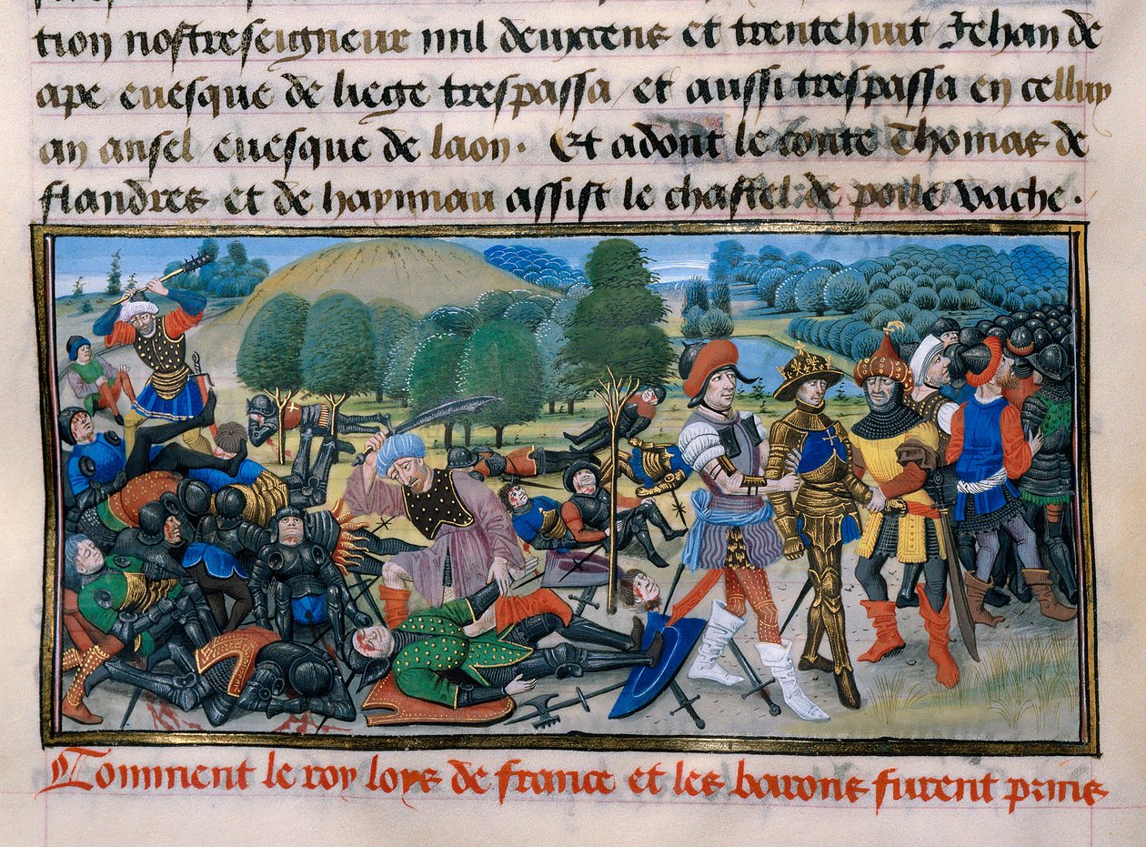 Seitsemäs ristiretki: Kuningas Ludvig IX (Saint Louis) (1214-70) vangittiin Mansourahin taistelussa vuonna 1250 Egyptissä, David Aubert 1250 Paris, Chronique abregee. tekijältä Unknown artist