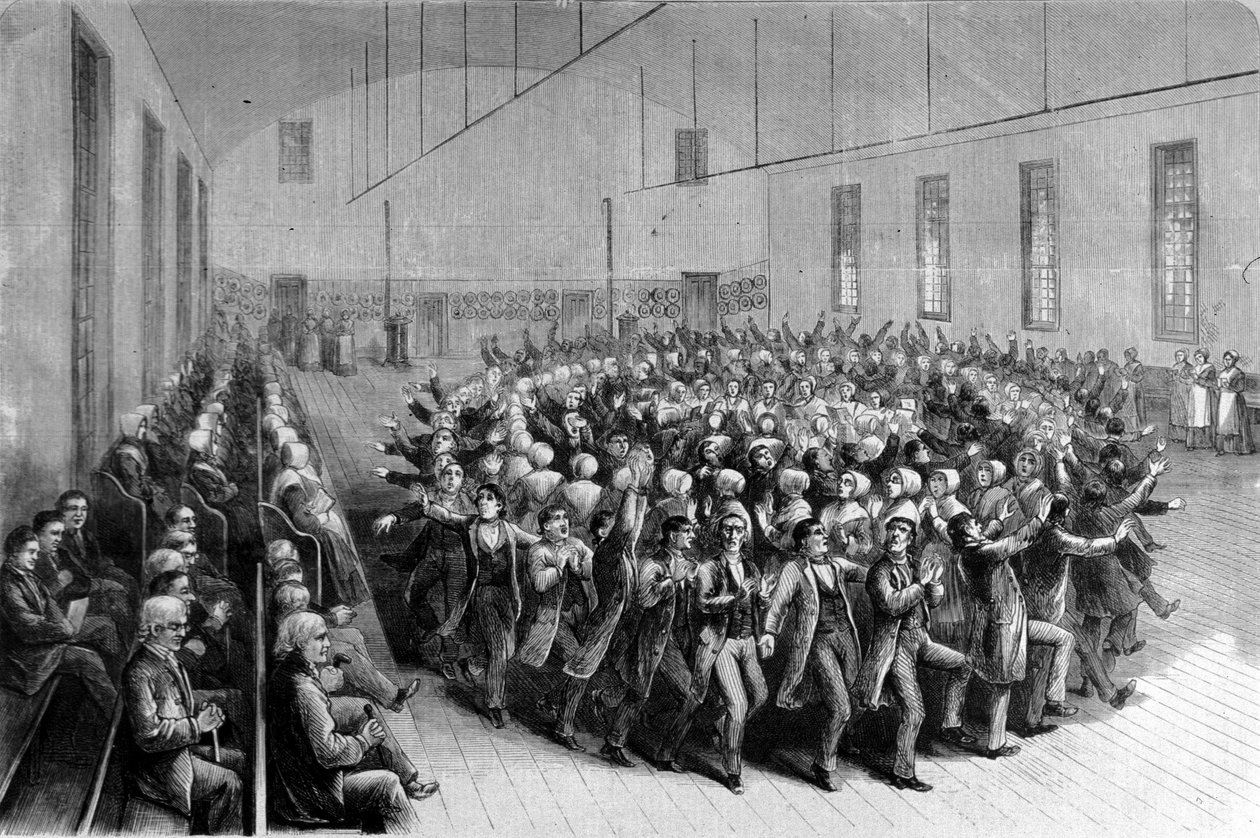 Shaking Quakers uskonnollinen kulkue (tanssi) New Yorkissa. Kuva 1800-luvulta. tekijältä Unknown artist