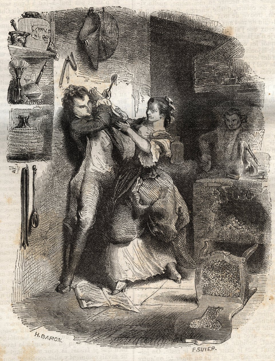 Hän levitti minulle kasvoni, ja kaikki tämä oli herkullista - Kuvitus Jean-Jacques (Jean Jacques) Rousseaun (1712-1778) "" tunnustuksista - kaiverrus vuodelta 1849 tekijältä Unknown artist