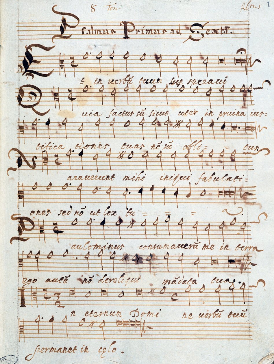 Nuottisivu Psalmin neljälle äänelle, joka kuului kardinaali Francesco Gonzagalle tekijältä Unknown artist