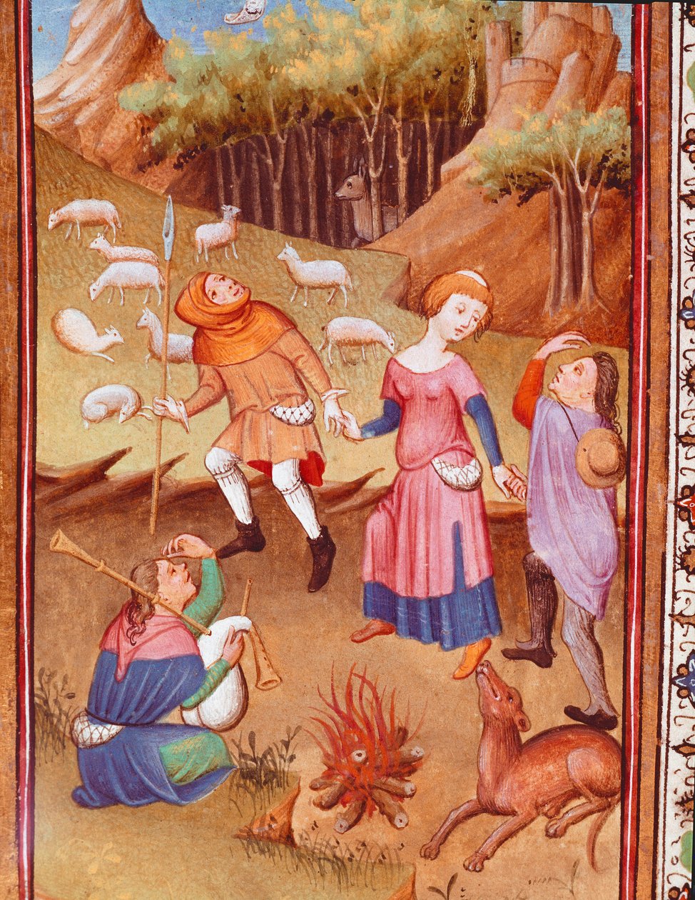 Paimenet lepäävät lähellä puutakkaa Miniatyyri otettu "Portugalilaisen Edward I:n (Duarten) tunteista (1391-1438)" 1400-luvun Lissabon, Torre do Tombo tekijältä Unknown artist