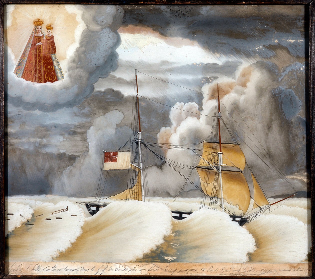 Laiva "" La belle Emilie"" vaikeuksissa - maalaus puulle, ex voto Notre Dame de Laghet, 44x37 cm tekijältä Unknown artist
