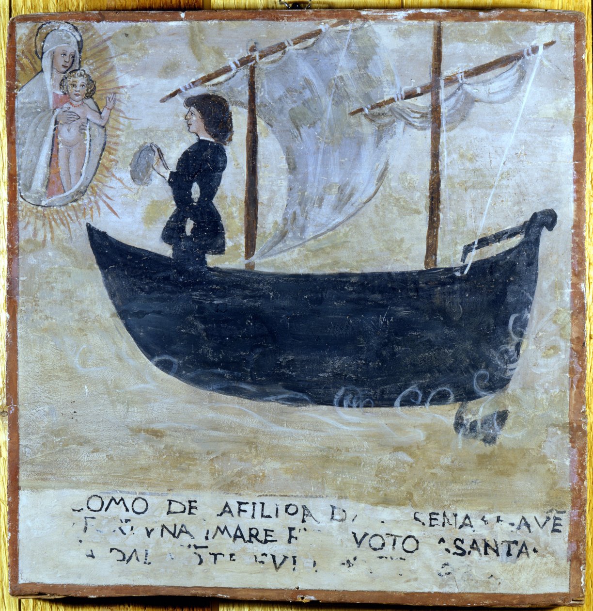 Laiva pelastettu myrskyltä. Ex voto 1500-luvulta Madonna del Monten pyhäköstä Cesenassa (Forlí). tekijältä Unknown artist
